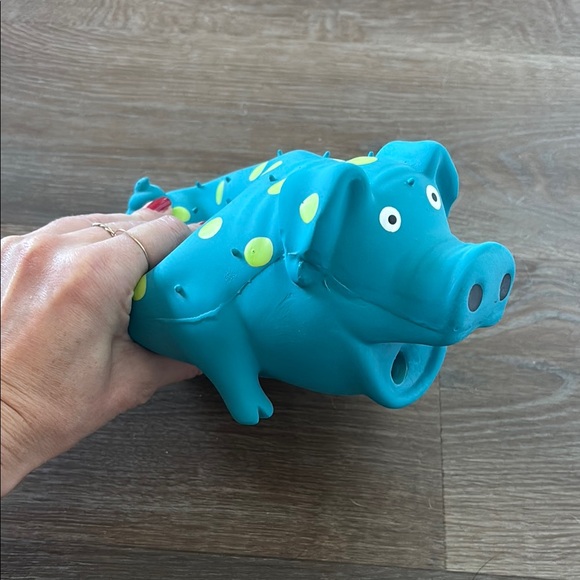 Teal Pig Dog Toy with Yellow Dots - Picture 3 of 5